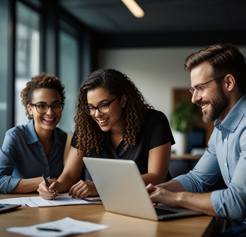 Equipo diverso de profesionales colaborando en una oficina moderna